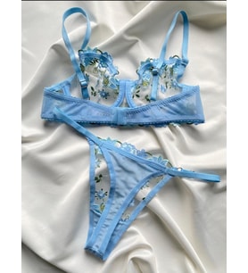 Mavi Çiçek Desenli Balanli,Peridot,Bralet Sütyen Takımı