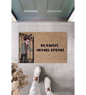 Modern Dijital Baskı Paspas - Aç Kapıyı Veysel Efendi Efsane Replik  - Dekoratif Kapı Önü Paspası (Bej)