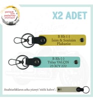 Motor Severlere, İsim Plaka ve B Rh (-) Kan Grubu Yazılı Özel Tasarım x2 Anahtarlık, Sarı-Turkuaz-SK (Çok Renkli)