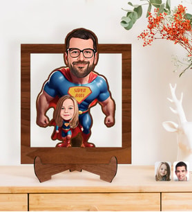 BK Gift Kişiye Özel Süper Baba-Oğul Karikatürlü Ahşap 3D Standlı Biblo-1, Babalar Günü Hediyesi, Babaya Hediye