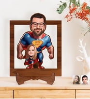 BK Gift Kişiye Özel Süper Baba-Oğul Karikatürlü Ahşap 3D Standlı Biblo-1, Babalar Günü Hediyesi, Babaya Hediye