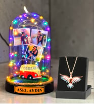 Kişiye Özel Renkli Led Işıklı Fanus ve Renkli Zümrüdü Anka Kuşu Kolye (Model 7)