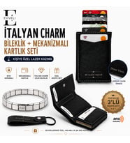 EVVELİ Erkek Charm Bileklik ve Deri Siyah Nakit Para Bölmeli Kızaklı Mekanizmalı Cüzdan Kartlık Anahtarlık Seti