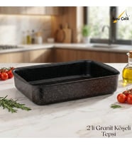 ARZU ÇELİK 2li Granit Köşeli Tepsi Seti - Siyah