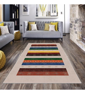Vizon Kilim Desenli Yıkanabilir Kaymaz Taban Leke Tutmaz Modern Salon Halısı ve Yolluk (Çok Renkli)