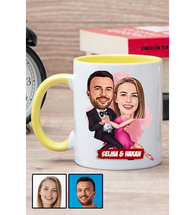 Romantik Sevgililer Günü Hediyesi Karikatürlü Sarı Kupa Bardak