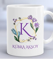 Kişiye Özel Çiçekli K Harfli Hediye Kupa Bardak İsim Soyisim Yazılı (Beyaz)