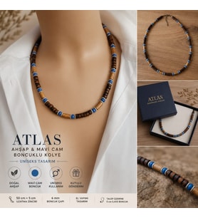 Atlas Ahşap Boncuklu Mavi Cam Detaylı Uniseks Kolye 50+5 cm Kutulu Hediyelik