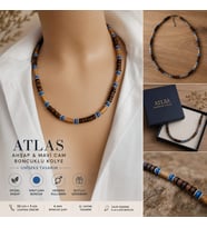 Atlas Ahşap Boncuklu Mavi Cam Detaylı Uniseks Kolye 50+5 cm Kutulu Hediyelik