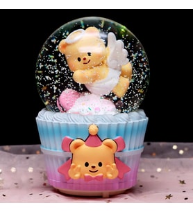Cupcake Temalı Melek Ayıcık Temalı Işıklı Müzikli Püskürtmeli Kar Küresi (Mavi)