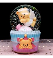 Cupcake Temalı Melek Ayıcık Temalı Işıklı Müzikli Püskürtmeli Kar Küresi (Mavi)