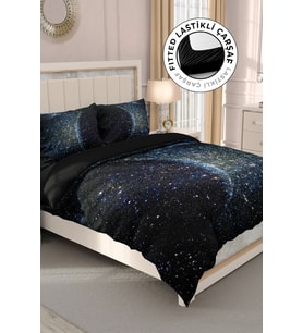Lastikli Çarşaflı %100 Pamuk Saten Çift Kişilik Nevresim Takımı Star Moon