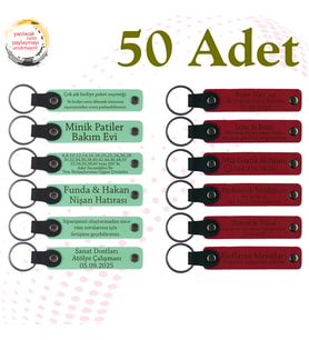 Yeşil & Kırmızı, Kafe Müşterilerine Teşekkür Hediyesi, 50’li Set, İsim Yazılabilen Deri Anahtarlık