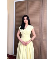kadın sarı feminen kesim bel detaylı düğmeli midi boy elbise NBMY3924