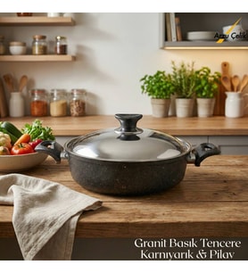 ARZU ÇELİK 26 Cm Granit Karnıyarık & Pilav Tenceresi Çelik Kapak - Siyah