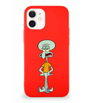 Apple iPhone 12 Mini Soft Premier Kapak Squidward Dokunaç Tasarımlı Silikon Kılıf - Kırmızı (Şeffaf)