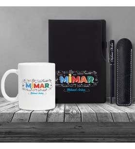 Kişiye Özel UV Baskılı Mimar Temalı Siyah Defter & Siyah Roller Kalem ve Kupa Seti