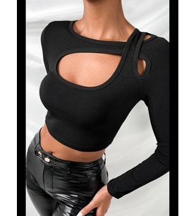Fantezia Night Kadın Siyah Göğüs Dekolteli Çapraz Askılı Uzun Kollu Crop Top Bluz