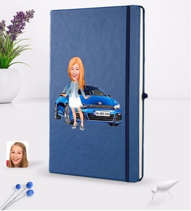 BK Gift Kişiye Özel Plakalı Kadın Volkswagen Scirocco Karikatürlü Lacivert Termo Deri Defter 16x24cm Model 1