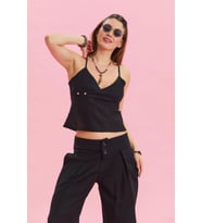 V Yaka İnce Askılı Yazlık Bluz (Siyah)