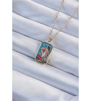 316L Çelik Zincir Altın Renk Taç ve Kız Figürlü Renkli Mineli Tarot Kolye 5886 - HPSBYI6578-2