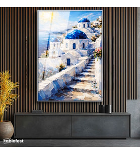 Gümüş Renk Metal Çerçeveli Tamperli Cam Tablo Santorini Adası Ve Merdivenli Evler Şehir Ve Mimari Tablo Duvar Dekoru