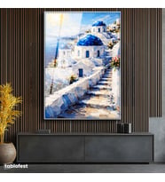 Gümüş Renk Metal Çerçeveli Tamperli Cam Tablo Santorini Adası Ve Merdivenli Evler Şehir Ve Mimari Tablo Duvar Dekoru