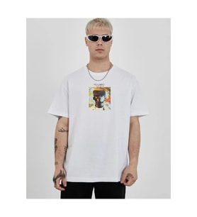 Unisex Bisiklet Yaka Baskılı Oversize T-Shirt - Beyaz