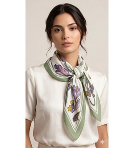 Mint Yeşili Çiçek ve Kelebek Desenli Polyester Şal 90x90 cm