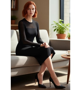 Kadın Siyah Bodycon Midi Triko Elbise Uzun Kollu Bisiklet Yaka Şık Transparan Detaylı Modern Kışlık