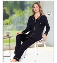 Melodi Kadın %100 PAMUK Önden Düğmeli Uzun Kol Baharlık Pijama Takımı 16219 - 1 Adet (Siyah)