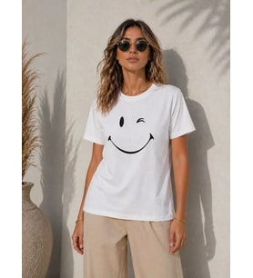 Minimal Gülümseyen Yüz Baskılı Tişört Kısa Kol Yazlık T-Shirt - Beyaz