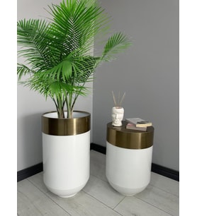 Dekoratif Eskitme Darbuka Parlak Beyaz Saksı 70cm + Sehpa 60cm İkili Set
