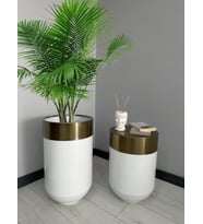 Dekoratif Eskitme Darbuka Parlak Beyaz Saksı 70cm + Sehpa 60cm İkili Set