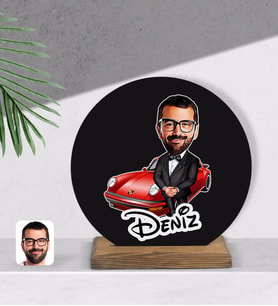 BK Gift Kişiye Özel Erkek Patron Karikatürlü Yuvarlak Ahşap Biblo-1