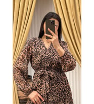 kadın kuşaklı leopar desenli şifon elbise NBMY3709