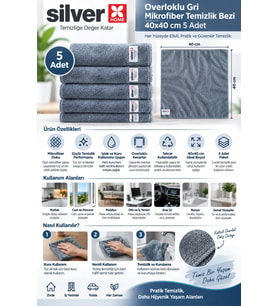 Silver Home Overloklu Gri Mikrofiber Temizlik Bezi 40x40 cm 5 adet