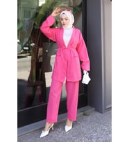 Cep Detaylı Kimono Takım Fuşya