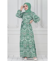 Motif Desen Beli Kuşaklı Viskon Elbise-Mint Yeşili