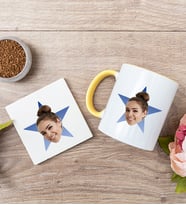 Kişiye Özel Mavi Yıldız Kafa Fotoğraflı Sarı Kupa ve Bardak Altlığı