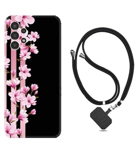 Samsung Galaxy M14 Kılıf Resimli Boyun Askılı İpli Desenli Silikon Pink Flowers 3 1393