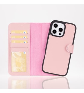 Apple iPhone 16 Pro uyumlu, Hakiki Deri, El Yapımı, Cüzdanlı Kılıf, Toz Pembe