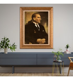 Altın Varaklı Çerçeveli Paspartulu Atatürk Tablo z4546 (Gold)
