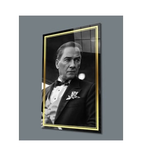 Miyrem Glasses Collection -A1^#  Gold Şerit Siyah Beyaz Yapay Zeka Atatürk Cam Tablo (Çok Renkli)