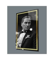 Miyrem Glasses Collection -A1^#  Gold Şerit Siyah Beyaz Yapay Zeka Atatürk Cam Tablo (Çok Renkli)