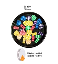 30 Adet 10 mm Polimer Kil Fimo Boncuk Takı Bileklik + 1 Metre Lastikli Misina Hediye - Desenli Kalp