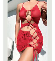 Kadın Kırmızı Çağraz Bağlama Yan Dekolteli Kırmızı Gecelik/Babydoll -  (STD)