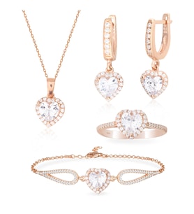 925 Ayar Gümüş Swarovski Rose Gold Kalp Takı Seti