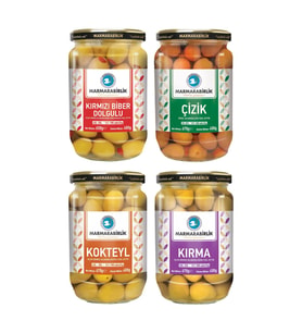 MarmaraBirlik Yeşil Zeytin 400 gr Cam Biberli-Çizik-Kırma-Kokteyl 4 lü Karma Paket