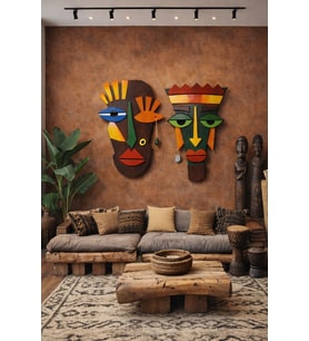 Modern Renkli İkili Soyut Maske Duvar Dekoru 50x50 cm Ev, Ofis ve Kafe Dekorasyonu